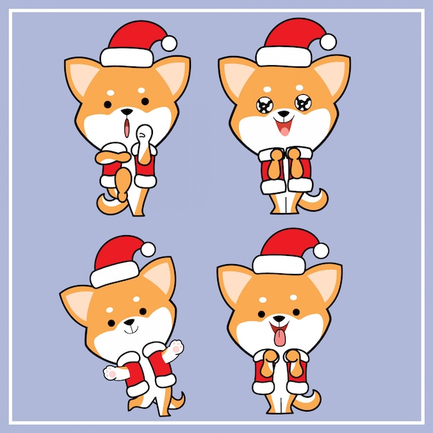 Cute Kawaii Hand Drawn Shiba Inu Dog Character With Christmas Hat Collection