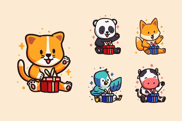 Vector cute and kawaii happy animal receiving gift sticker illustration