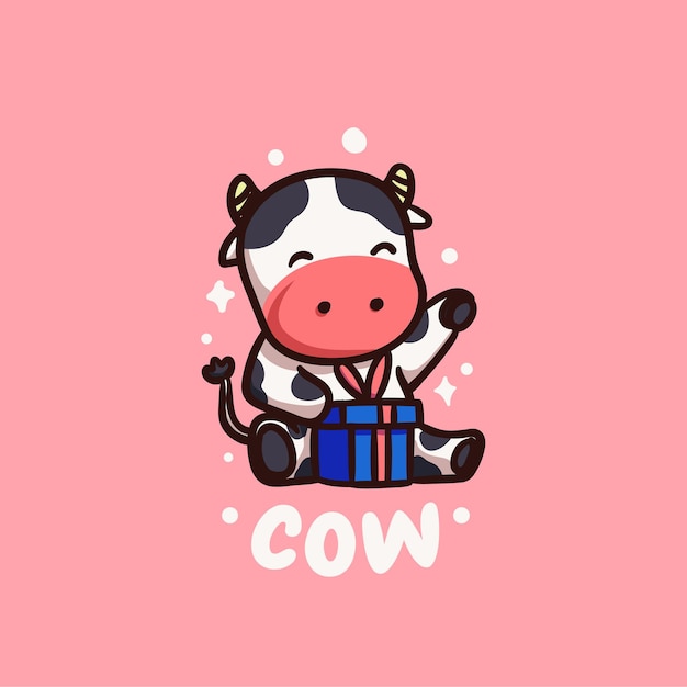 Cute and kawaii happy cow receiving gift illustration