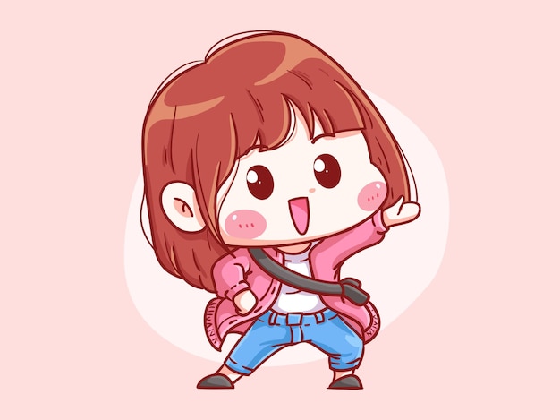 Vector cute and kawaii happy girl ask for attention pointing on something chibi illustration