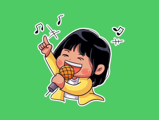 Vector cute and kawaii happy girl sing in karaoke manga chibi illustration