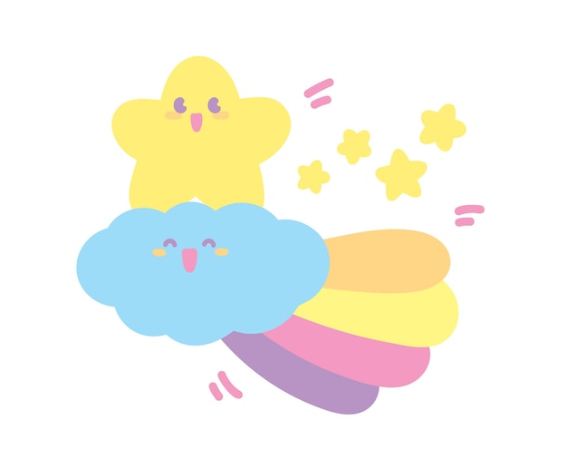 Vettore carino kawaii felice stella e nuvola con coda arcobaleno illustrazione disegnata a mano vettore