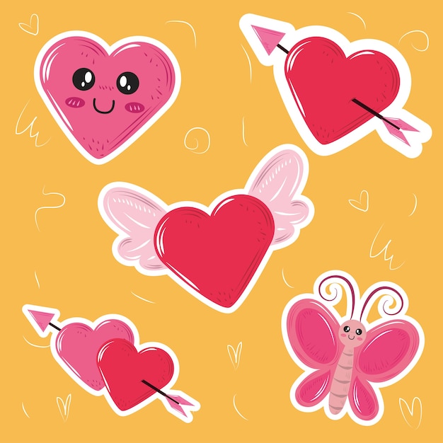 Cute kawaii heart wings butterfly stickers icons