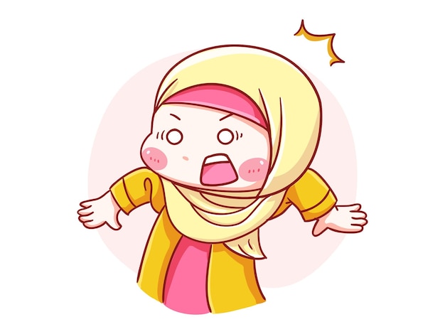 Vector cute and kawaii hijab girl shocked and surprise manga chibi illustration