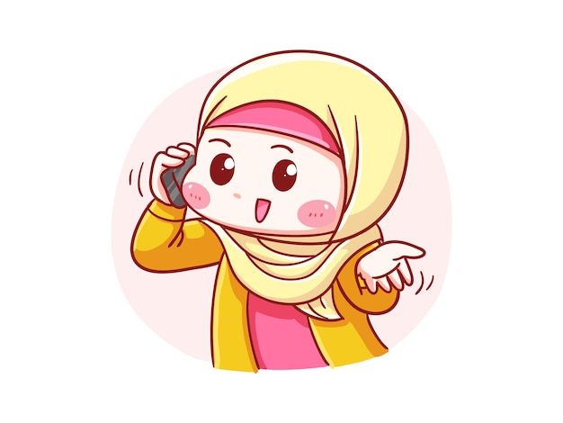 Carina e kawaii hijab girl parla al telefono manga chibi illustration