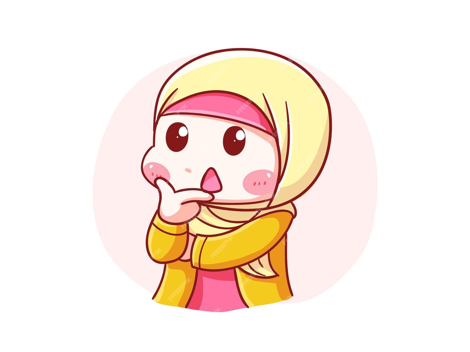 Premium Vector  Cute and kawaii hijab girl thinking pose chibi illustration