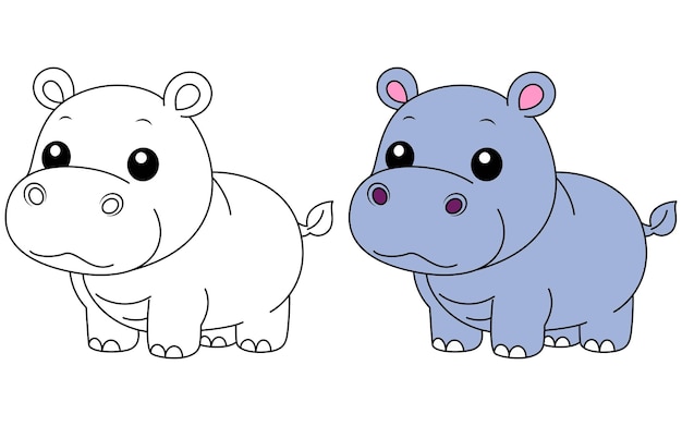 Vector cute kawaii hippopotamus cartoon character coloring page isolated on white background