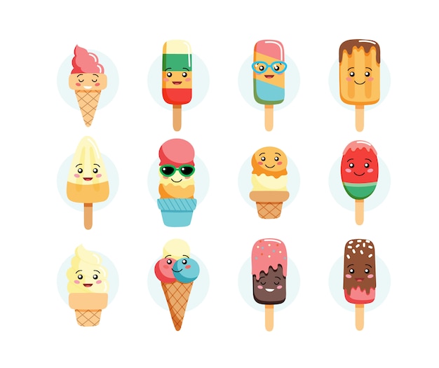 Simpatici personaggi di gelato kawaii, collezione isolato su sfondo bianco, sapori diversi.