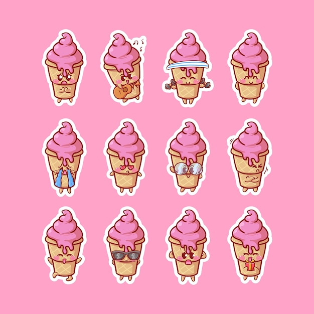 Cute kawaii ice cream cono character stickers illustrazione varie happy expression activity mascot