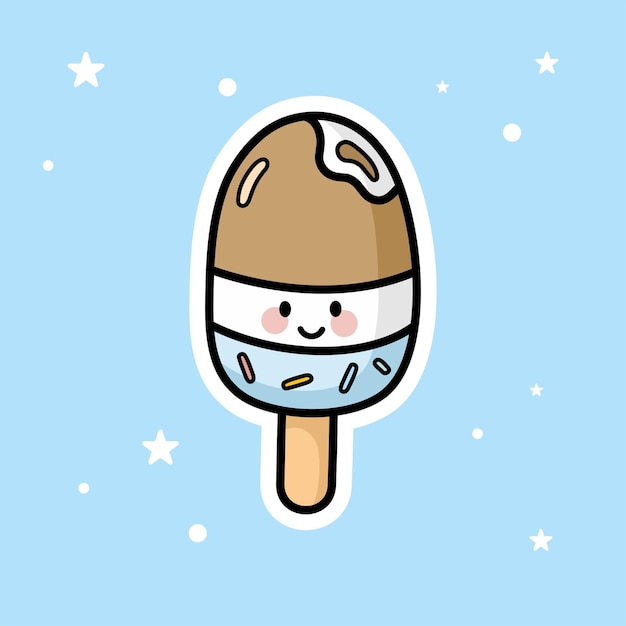 Cute Kawaii Ice Cream Stick isolated on a blue background Vector Illustration