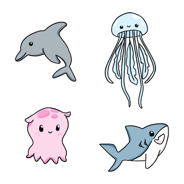 Vector cute kawaii illustration of sea animals