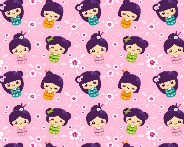 Cute kawaii japanese momiji with lotus flowers pink pattern background