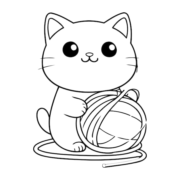 Cute Kawaii Kitten Coloring Page for Kids Playful Happy Cat Playing with Yarn
