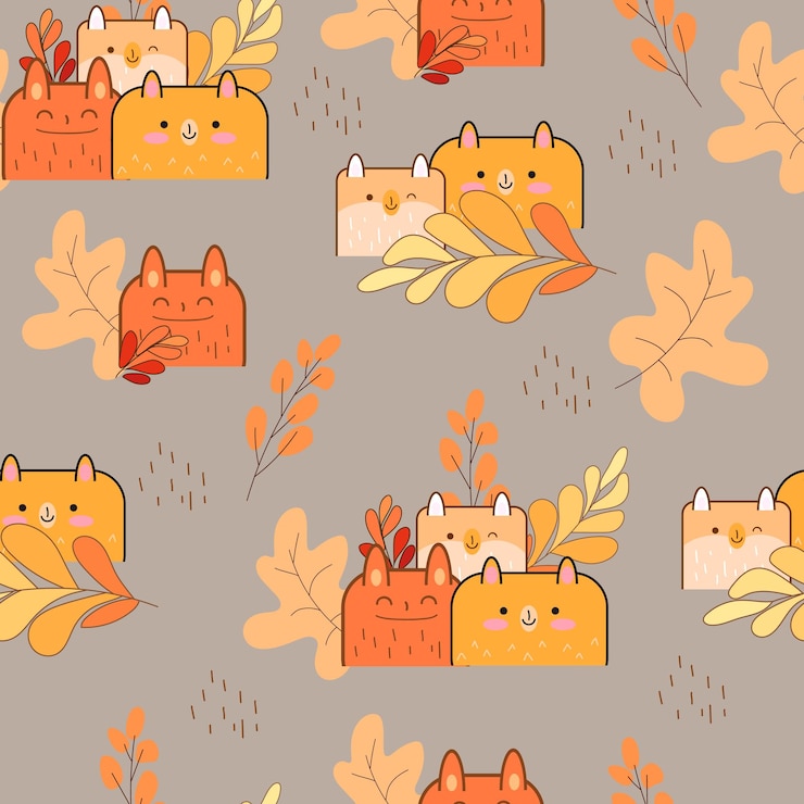 Vector cute kawaii and leaf seamless pattern design pattern for print textile fabric wrapping paper