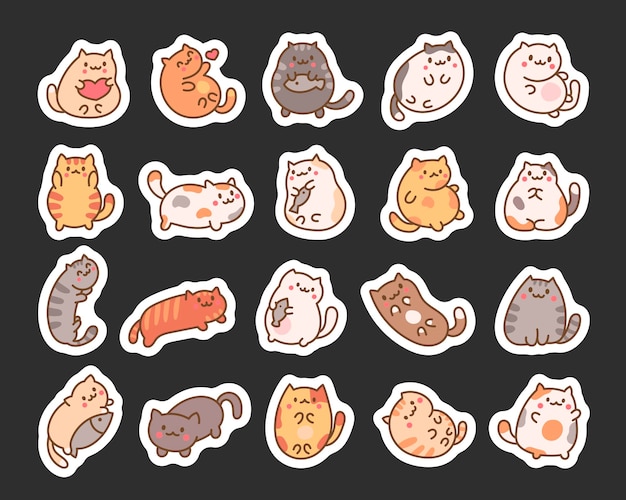 Cute kawaii little cat Sticker Bookmark Cartoon funny kitty animals character Hand drawn style