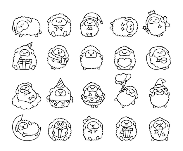 Cute kawaii little sheep Coloring Page Smiling nice animal character Hand drawn style