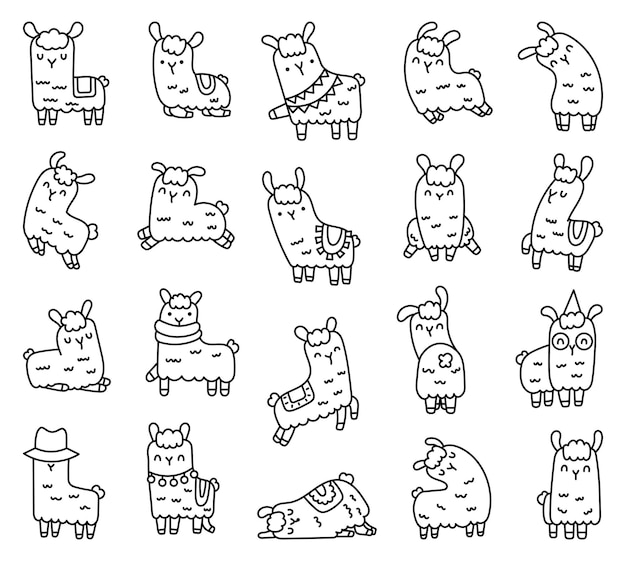 Vector cute kawaii llama or alpaca coloring page animals cartoon character hand drawn style