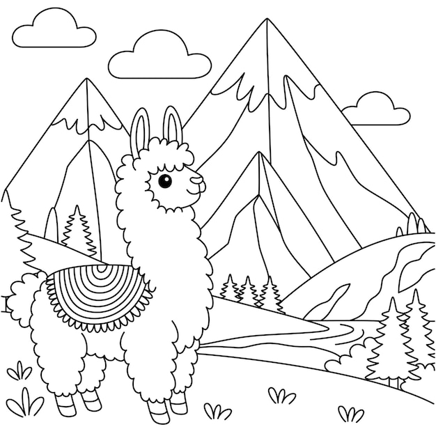 Cute kawaii llama amidst towering peaks and rolling hills cartoon character coloring page