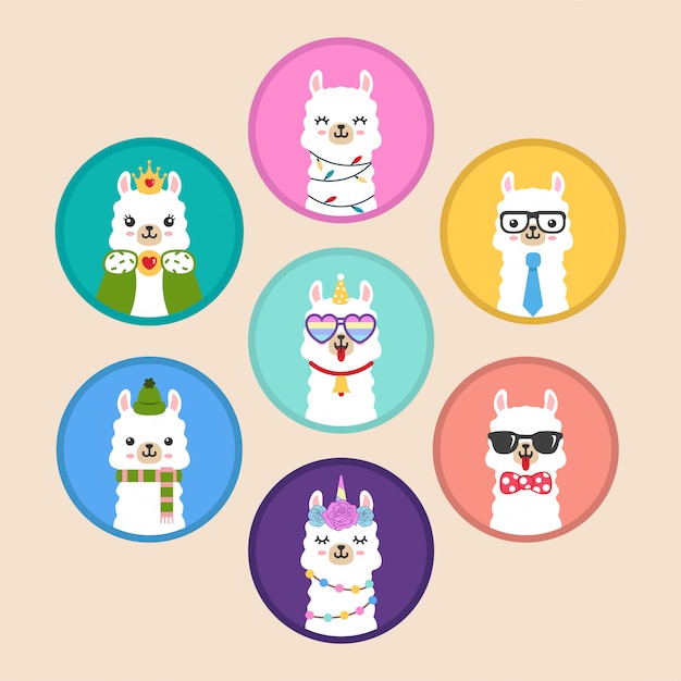 Vector cute kawaii llama head circle badge emblem stickers