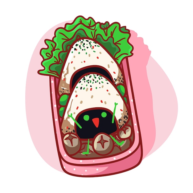 Vettore scatola da pranzo carina e kawaii con illustrazione colorata del menu onigiri