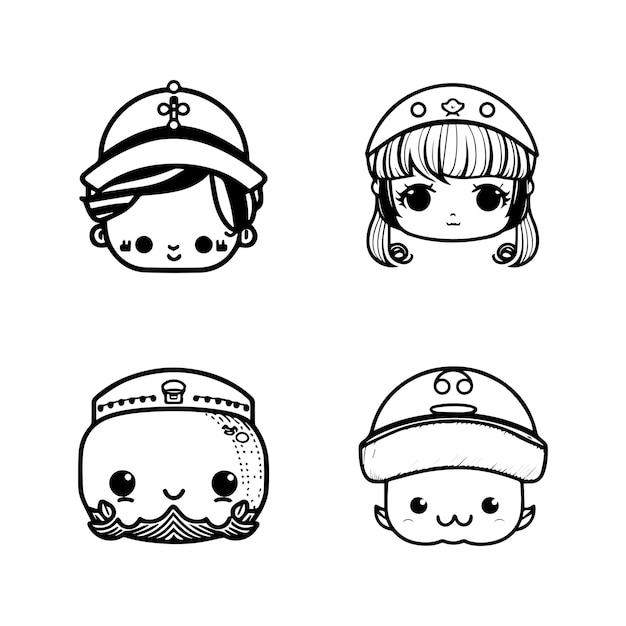 cute kawaii marine head collection set line art hand drawn illustration