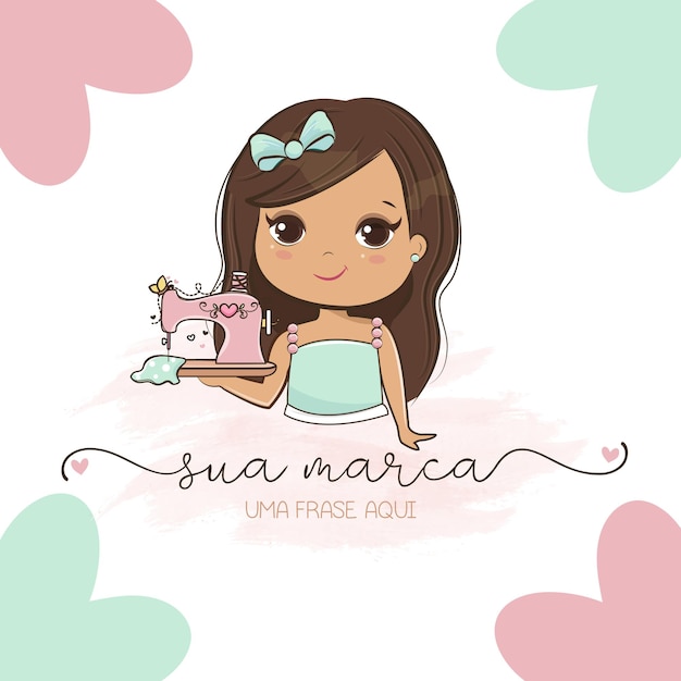 Cute kawaii mascot girl with sewing machine Vector