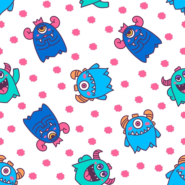 Vector cute kawaii monster seamless pattern