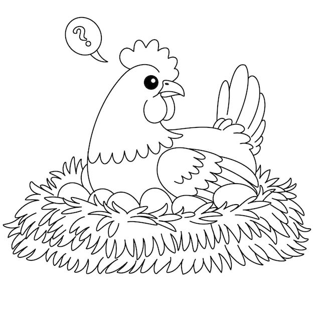 Vector cute kawaii a mother hen is sitting on eggs in a nest cartoon character coloring page vector