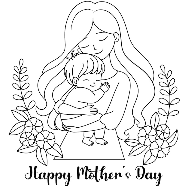 Cute kawaii Mother Holding a Child cartoon character coloring page Happy Mother