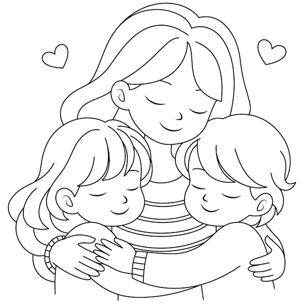 Cute kawaii Mother Holding a Child cartoon character coloring page Happy Mothers day illustrations