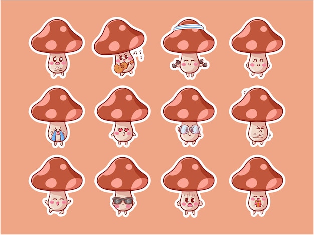 Vettore cute kawaii mushroom character illustration varie attività set di badge per mascotte happy expression