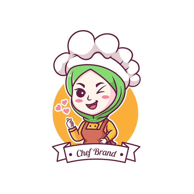 Cute and kawaii muslim female chef wearing hijab manga chibi illustration