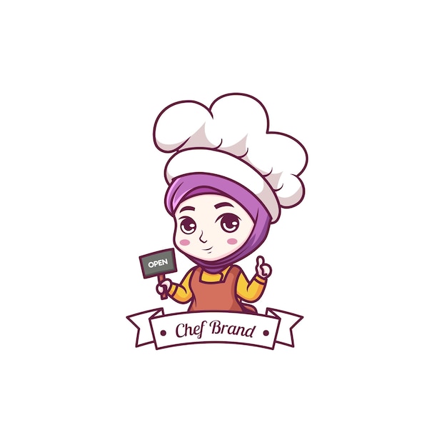 Cute and kawaii muslim female chef wearing hijab manga chibi illustration