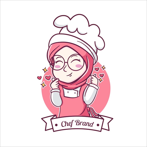 Cute and kawaii muslim female chef wearing Hijab Manga Chibi Illustration