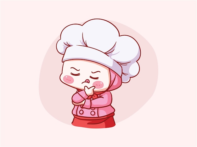 Cute and kawaii muslim female chef wearing hijab thinking pose manga chibi