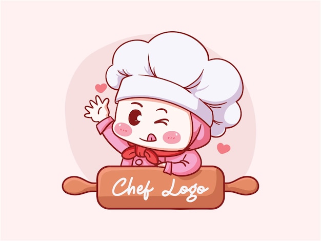 Cute and kawaii muslim female chef wearing hijab with wood rolling pin manga chibi