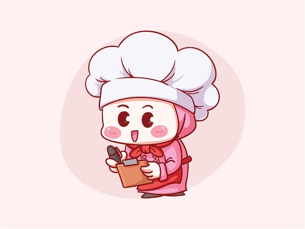 Vector cute and kawaii muslim female chef wearing hijab write order or menu manga chibi