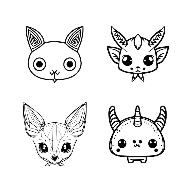 cute kawaii mytical creature animal logo collection set hand drawn line art illustration
