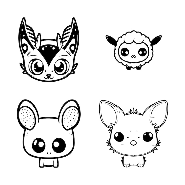 Vector cute kawaii mytical creature animal logo collection set hand drawn line art illustration