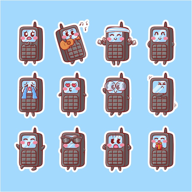 Cute kawaii old phone radio character illustration various activity expression mascot badge set