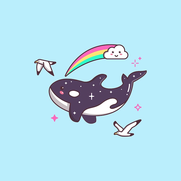 Vector cute kawaii orca flying with seagull and rainbow drawing illustraton