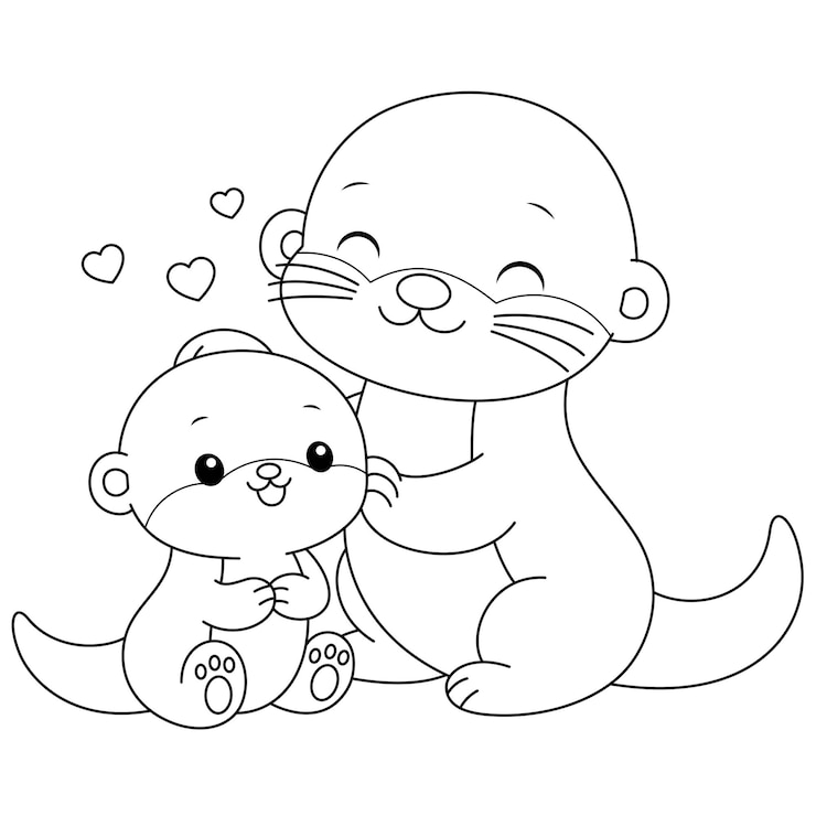 Vector cute kawaii otter and baby cartoon character coloring page illustration wild animal mothers day