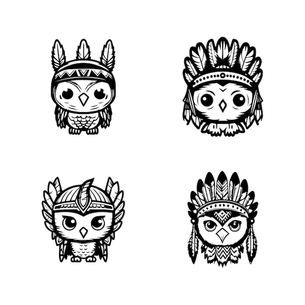 Vector cute kawaii owl wearing indian chief accessories collection set hand drawn illustration