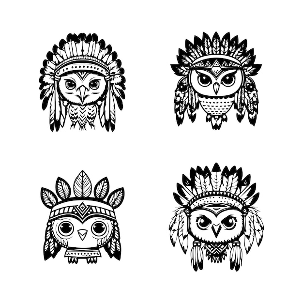 cute kawaii owl wearing indian chief accessories collection set hand drawn illustration