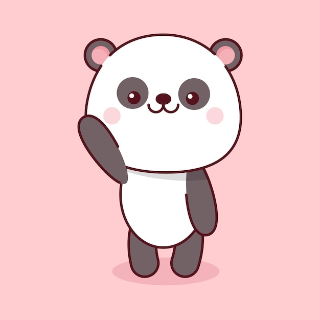 Милая панда каваи машет рукой на розовом фоне