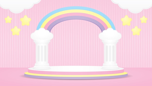 cute kawaii pastel rainbow arch with classic pillar and colorful podium 3d illustration vector