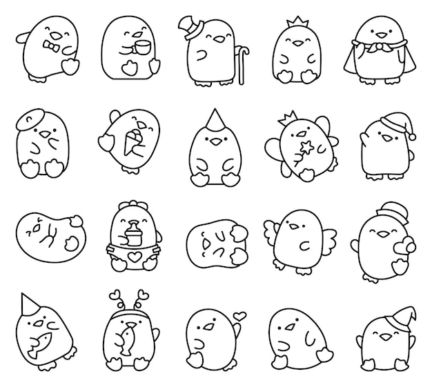 Cute kawaii penguin Coloring Page Beautiful animals cartoon character Hand drawn style