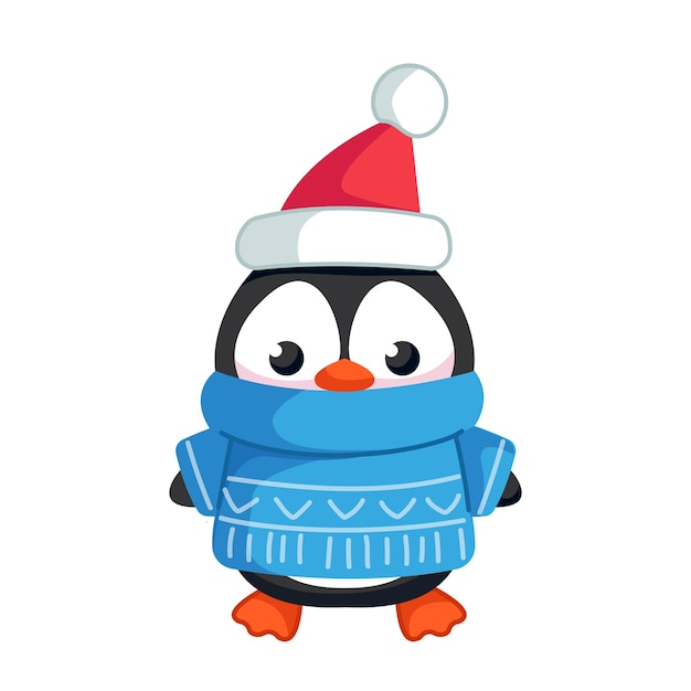 クリスマス セーターとサンタ帽子を身に着けているかわいいかわいいペンギン動物のベクトル イラスト