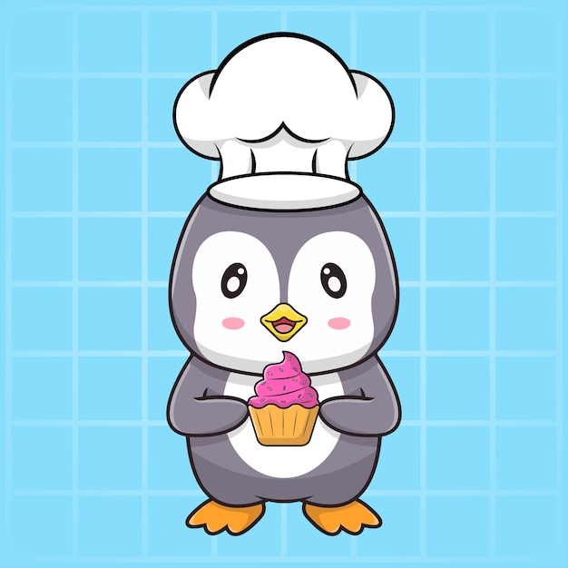 Simpatico pinguino kawaii con cappello da chef che tiene in mano un'illustrazione vettoriale di torta di tazza