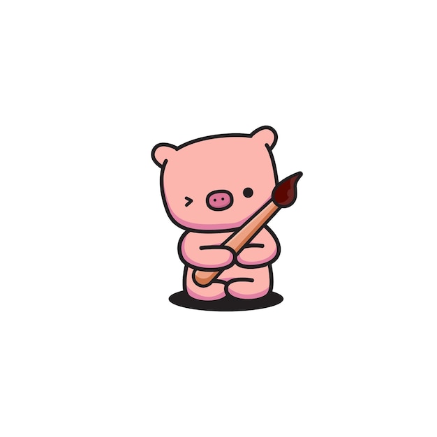 Cute kawaii pig with paint brush